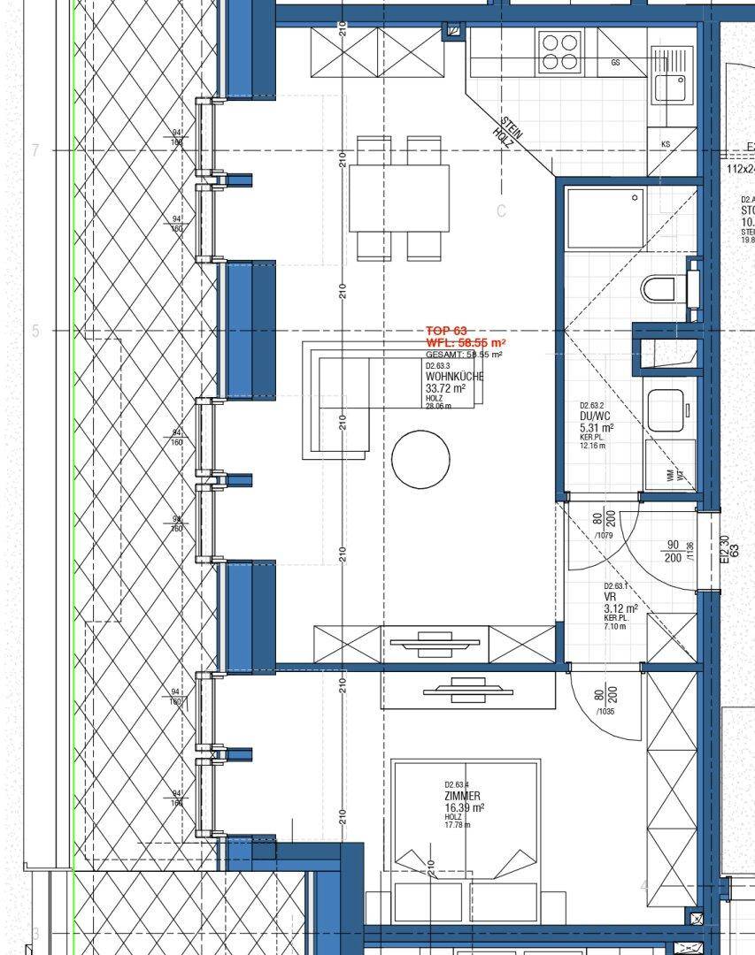Detaillierter Grundrissplan einer Wohnung mit offener Küche und Balkon.