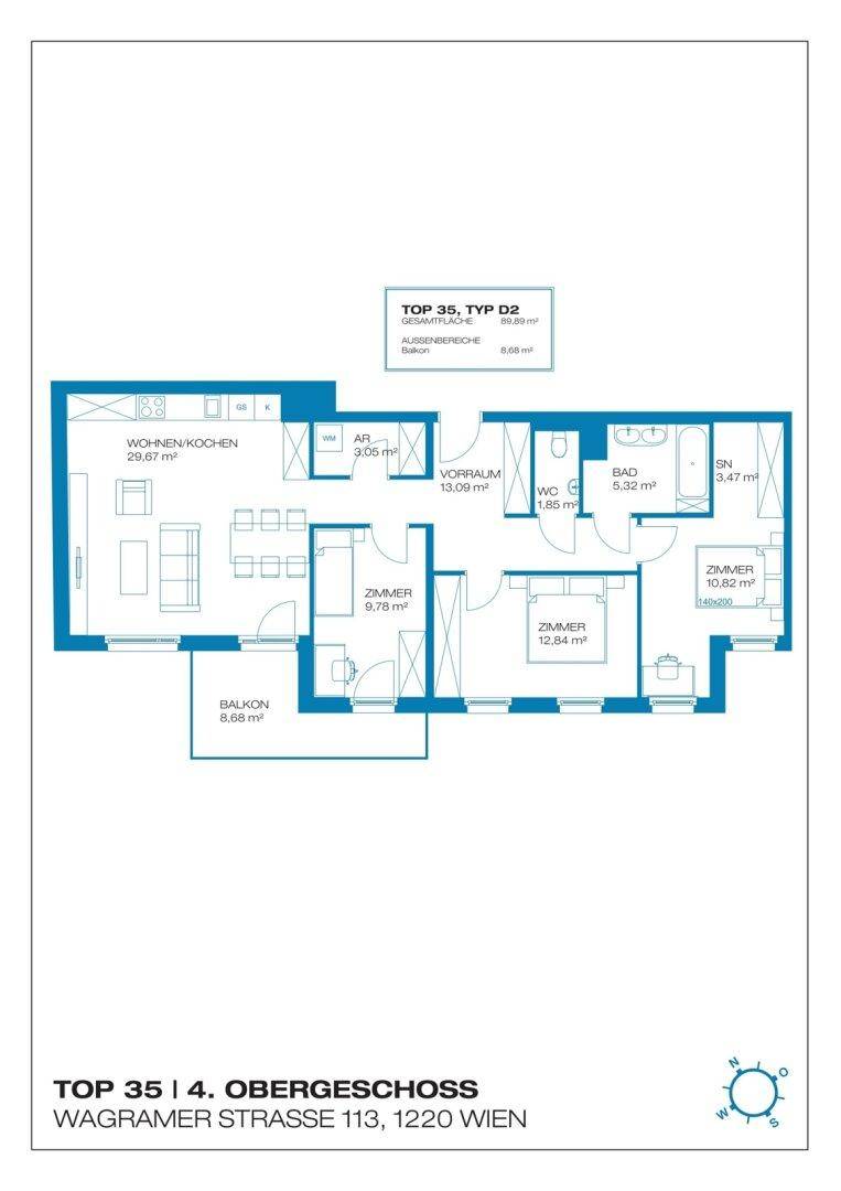 Grundriss der Wohnung TOP 35 im 4. Obergeschoss mit Balkon und offener Wohnküche.