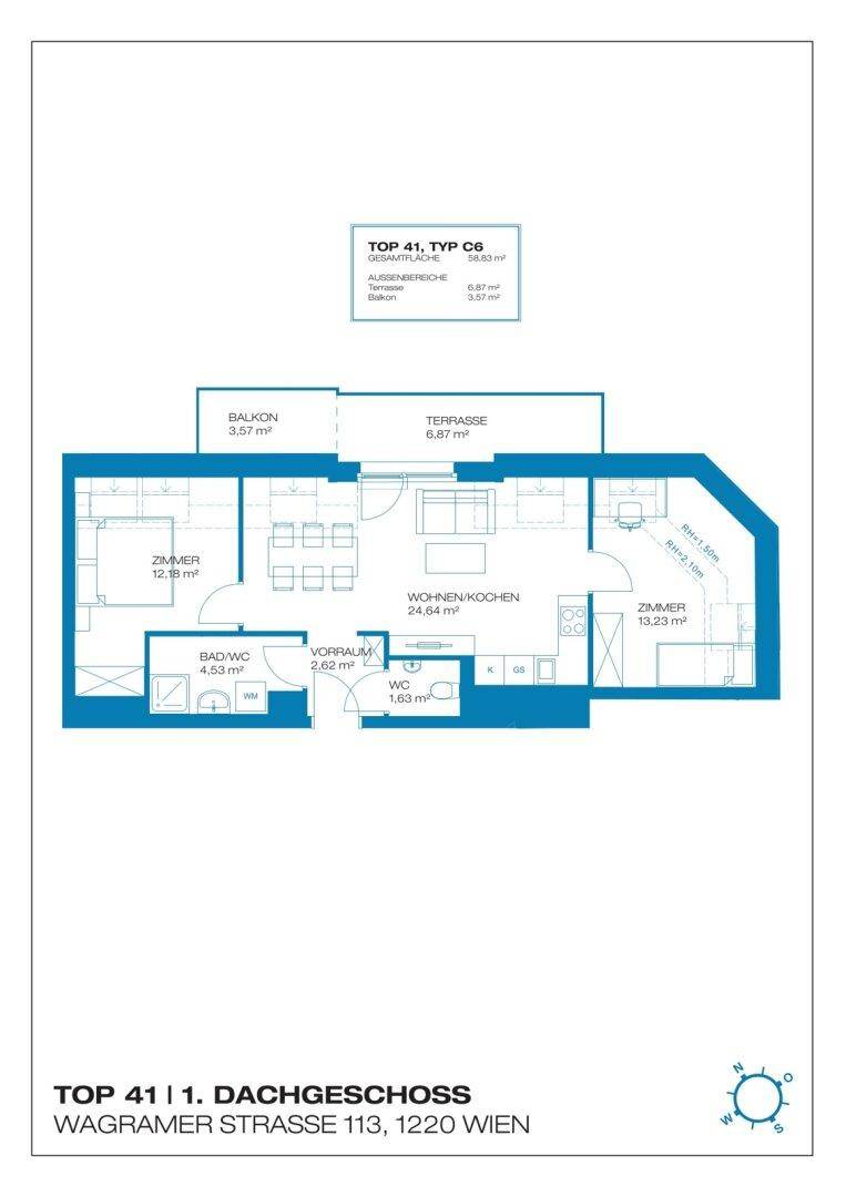 Grundriss der Wohnung TOP 41 im Dachgeschoss mit offenem Wohnbereich, Balkon und Terrasse.