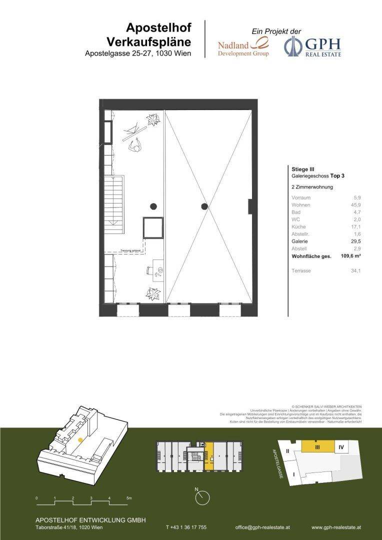 Grundriss einer 2-Zimmer-Wohnung im Galeriegeschoss mit offener Galerie und Terrasse.