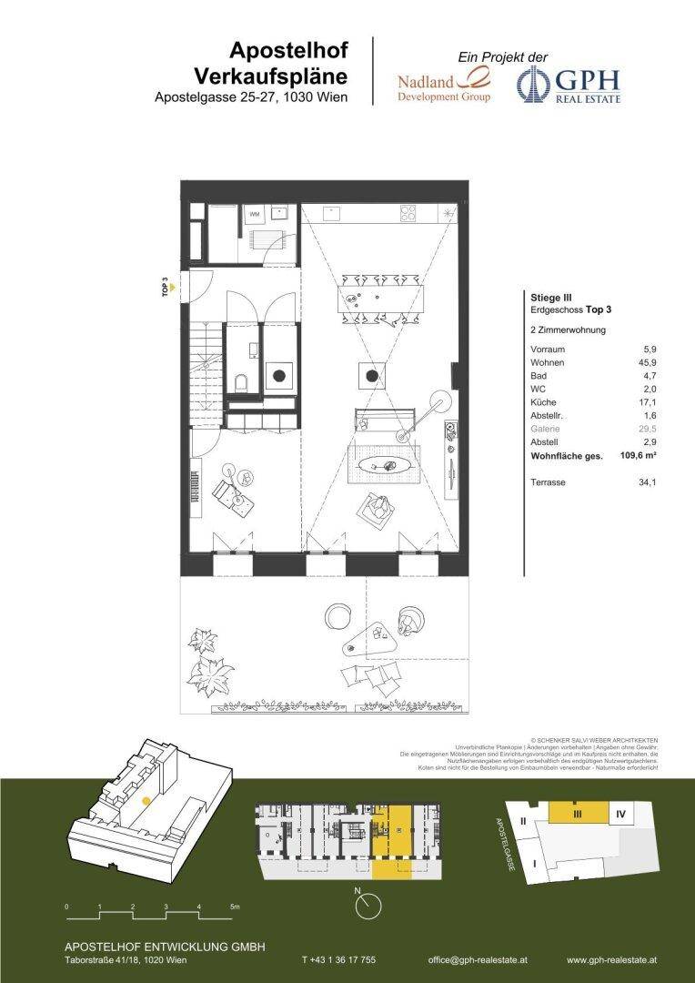 Grundriss einer 2-Zimmer-Wohnung im Erdgeschoss mit offener Küche und großer Terrasse.