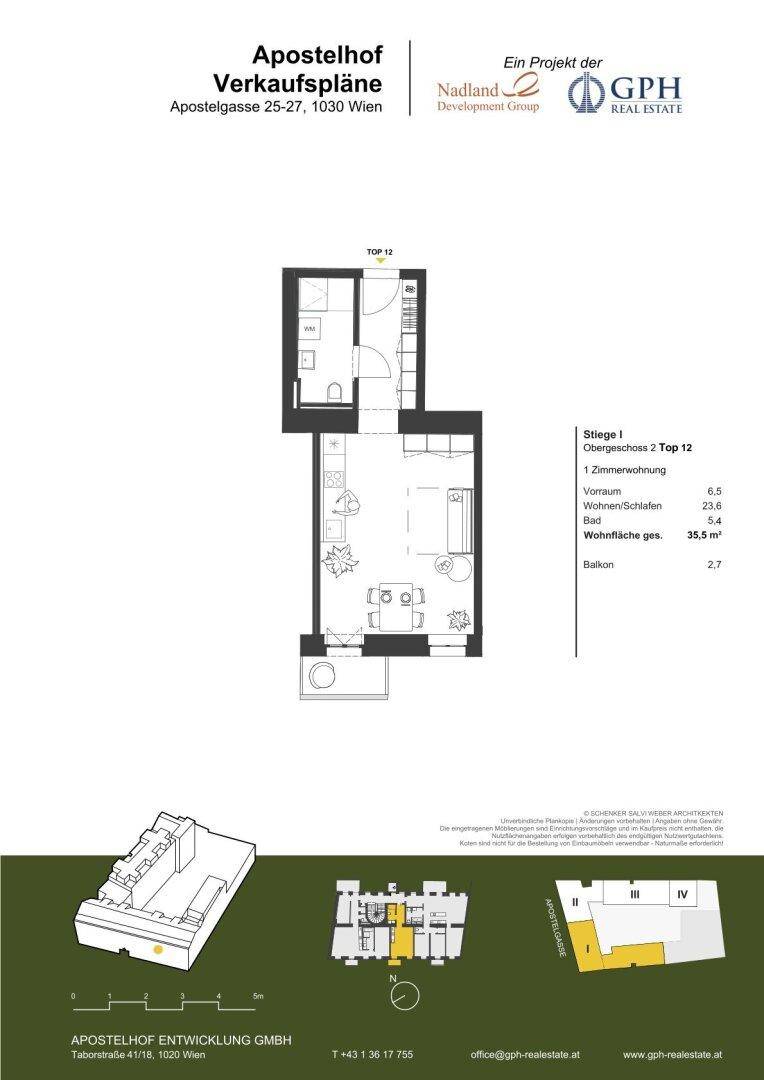 Grundriss einer 1-Zimmer-Wohnung im zweiten Obergeschoss mit Balkon.