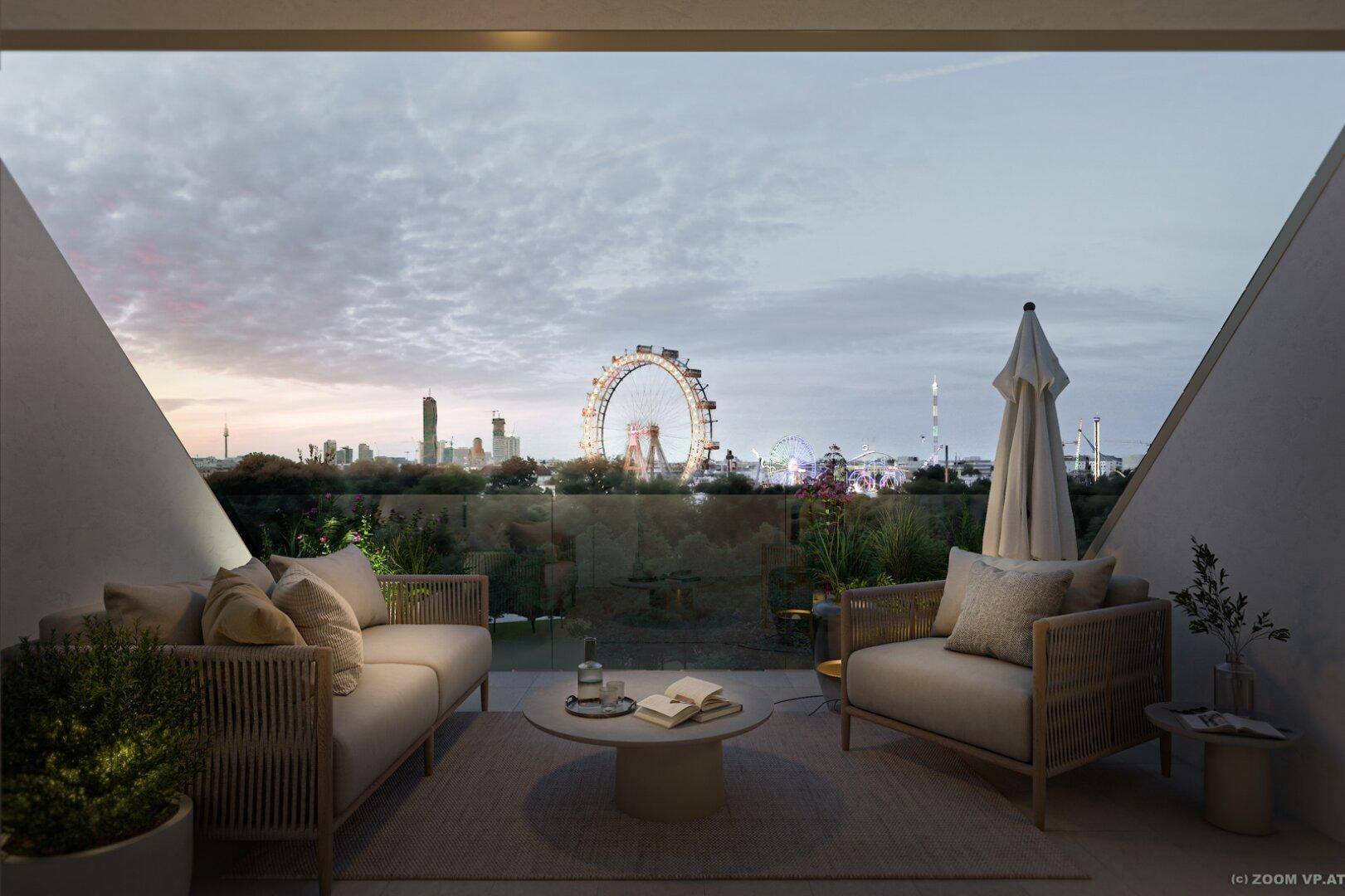 Gemütliche Dachterrasse mit Sitzgelegenheiten und weitem Blick auf die Stadt und das Riesenrad.