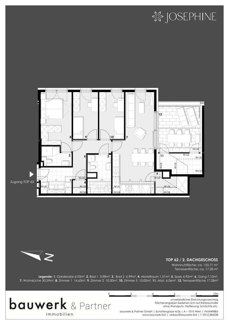 Grundriss der Dachgeschosswohnung Top 62 mit drei Zimmern und großer Terrasse.