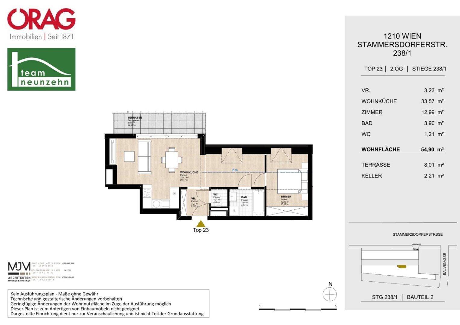 Grundriss einer Wohnung mit 54,90 m² Wohnfläche, Terrasse und Kellerabteil.