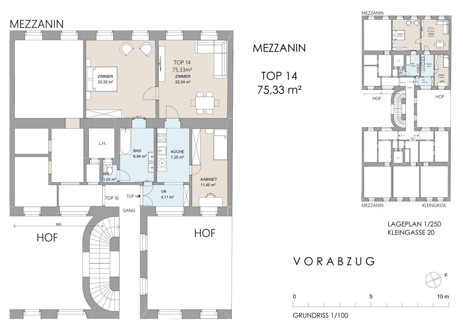 Grundriss der Wohnung TOP 14 im Mezzanin mit 75,33 m² und offenem Wohnbereich sowie Balkon.