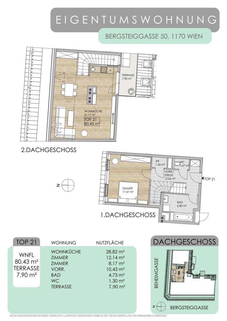 Grundrissplan der Dachgeschosswohnung mit zwei Ebenen, offener Gestaltung und Terrasse.