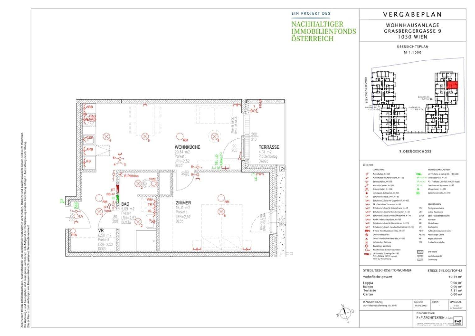 Grundriss einer Wohnung mit Wohnküche, Schlafzimmer, Bad und Terrasse.
