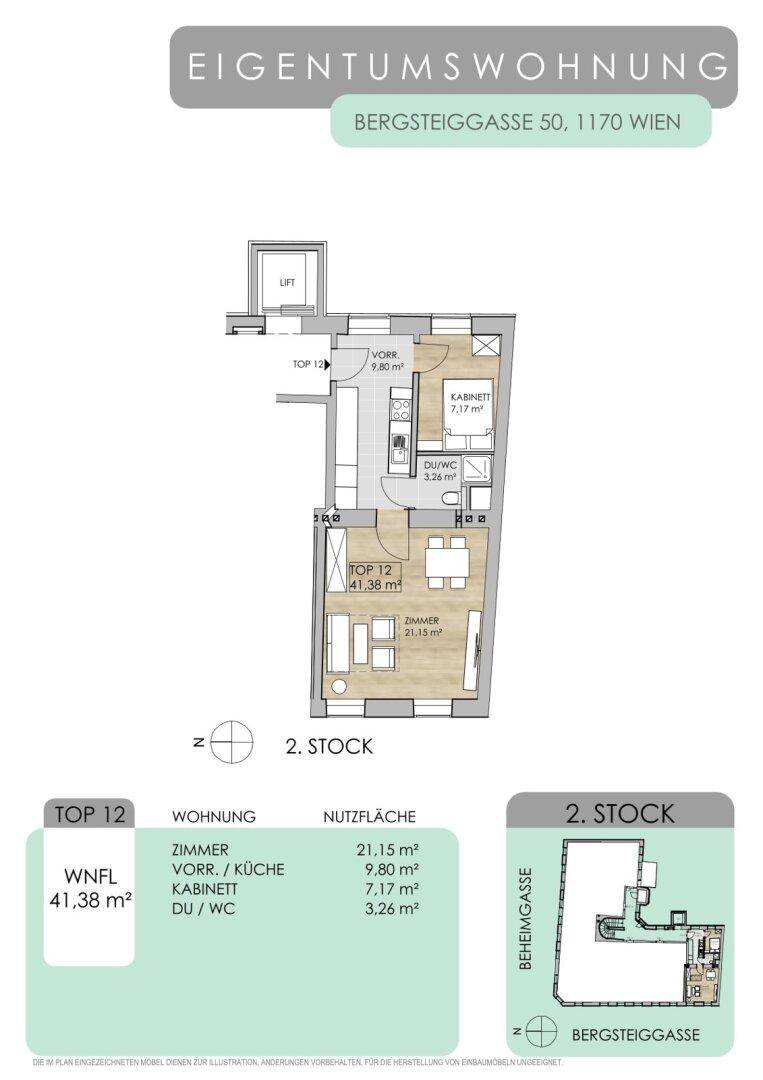 Grundriss der Eigentumswohnung Top 12 im 2. Stock mit Zimmer, Vorraum/Küche und Bad.