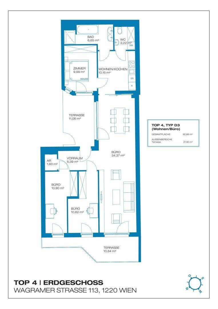 Grundriss der Wohnung Top 4 im Erdgeschoss mit Terrasse, zwei Büros und offenem Wohn-/Kochbereich.