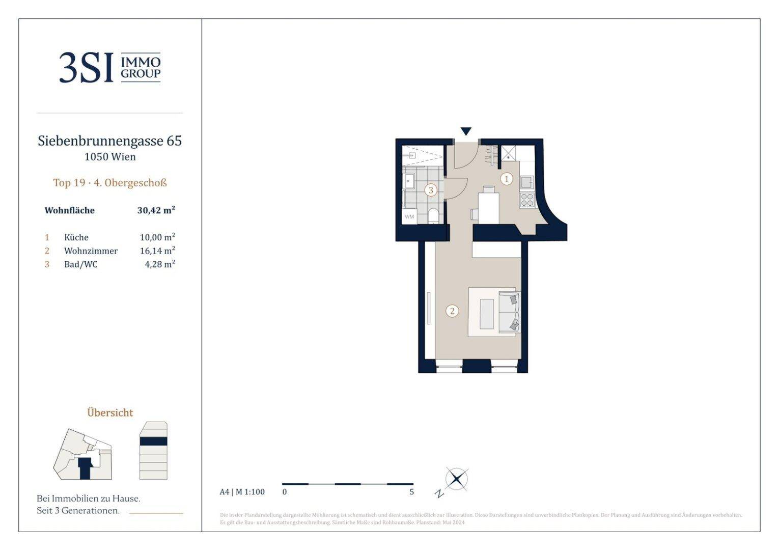 Grundriss der Wohnung Top 19-4 im Obergeschoss mit 30,42 m² Wohnfläche.