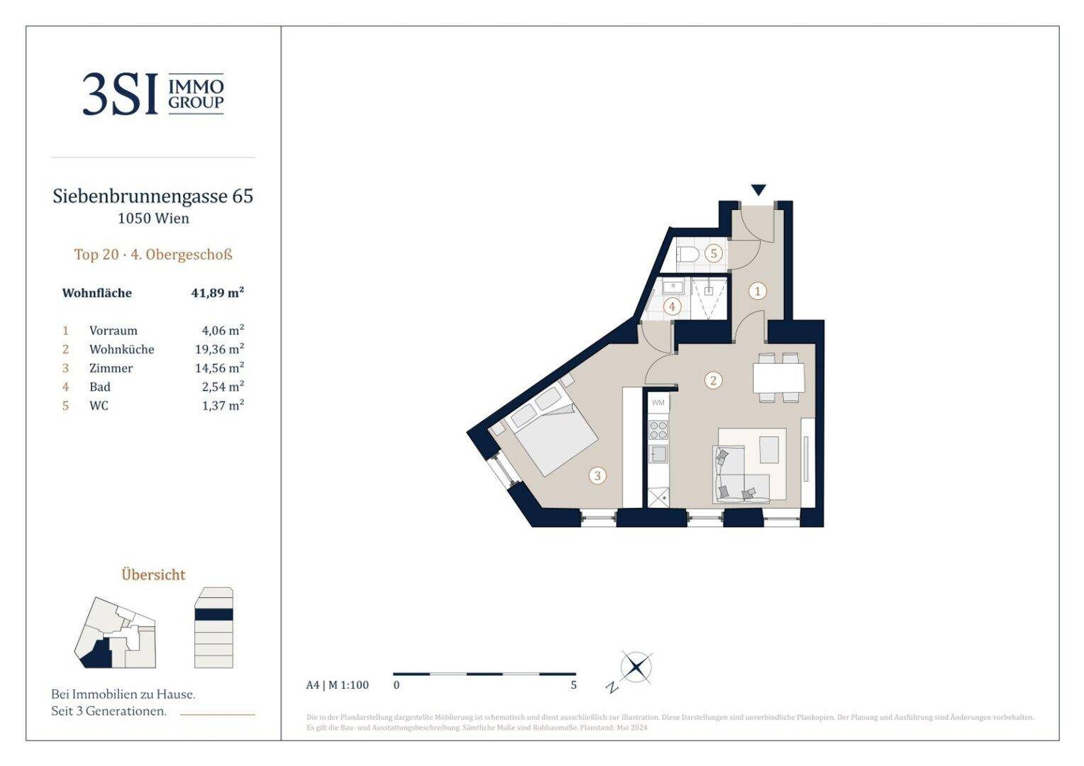 Grundriss einer 41,89 m² Wohnung im 4. Obergeschoss mit Schlafzimmer und offenem Wohnbereich.