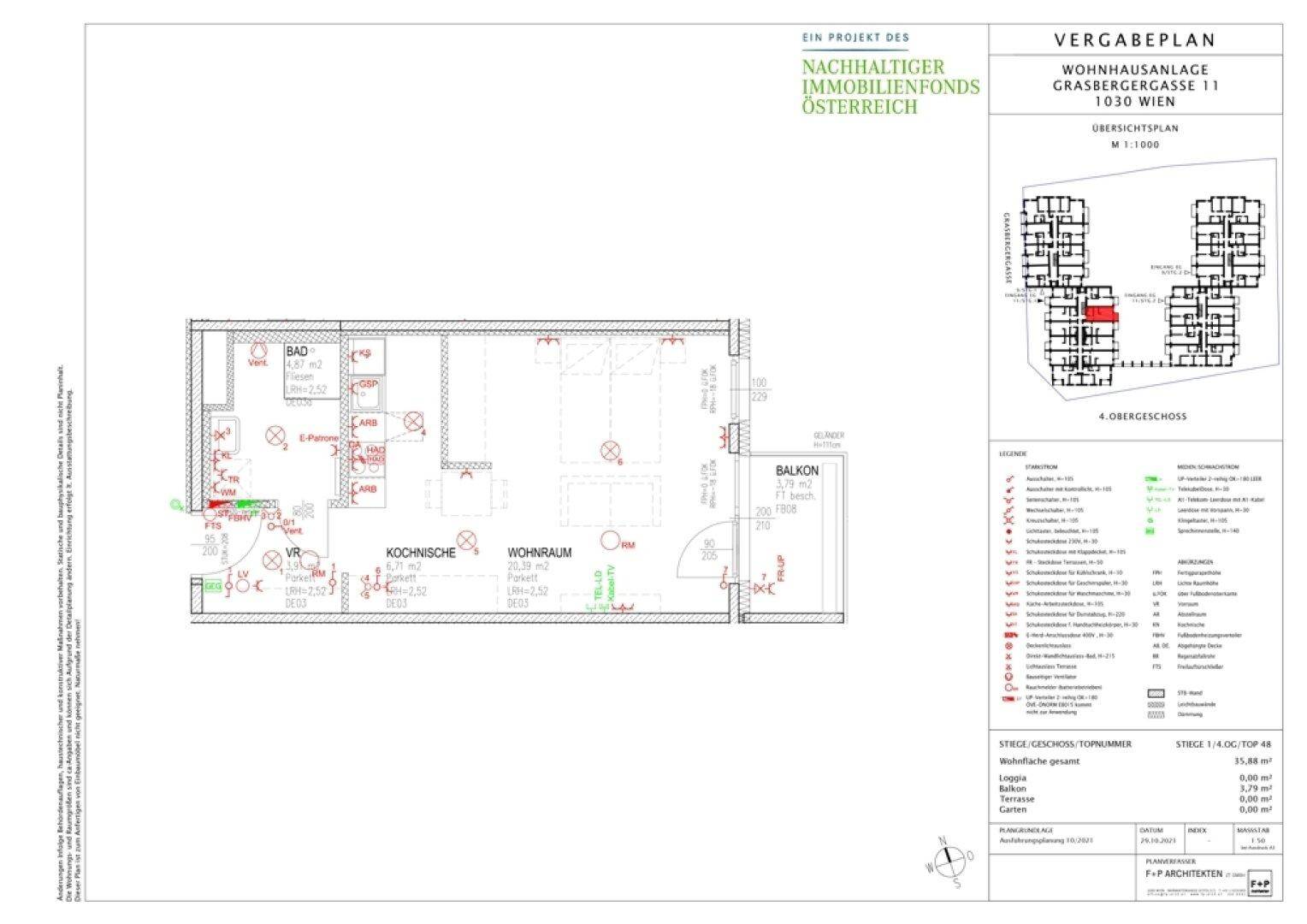Grundriss einer Wohnung mit Wohnraum, Küche, Bad, Schlafzimmer und Balkon.