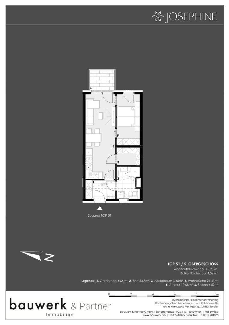 Grundrissplan für Top 51 im 5. Obergeschoss mit Wohnfläche von 43.25 m² und Balkon.