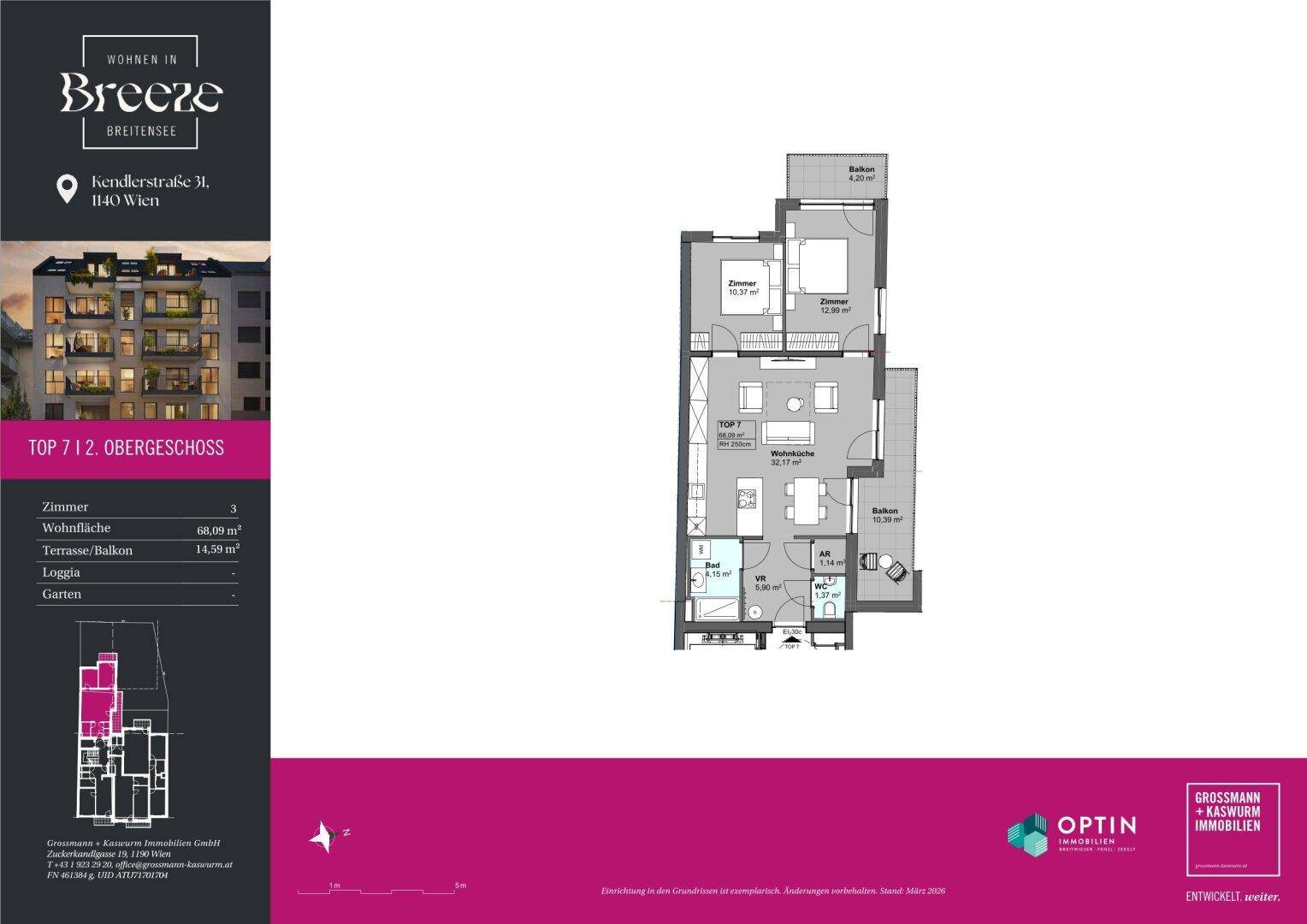 Grundriss einer Wohnung mit drei Zimmern, Balkon und einer Wohnfläche von 60,09 m².