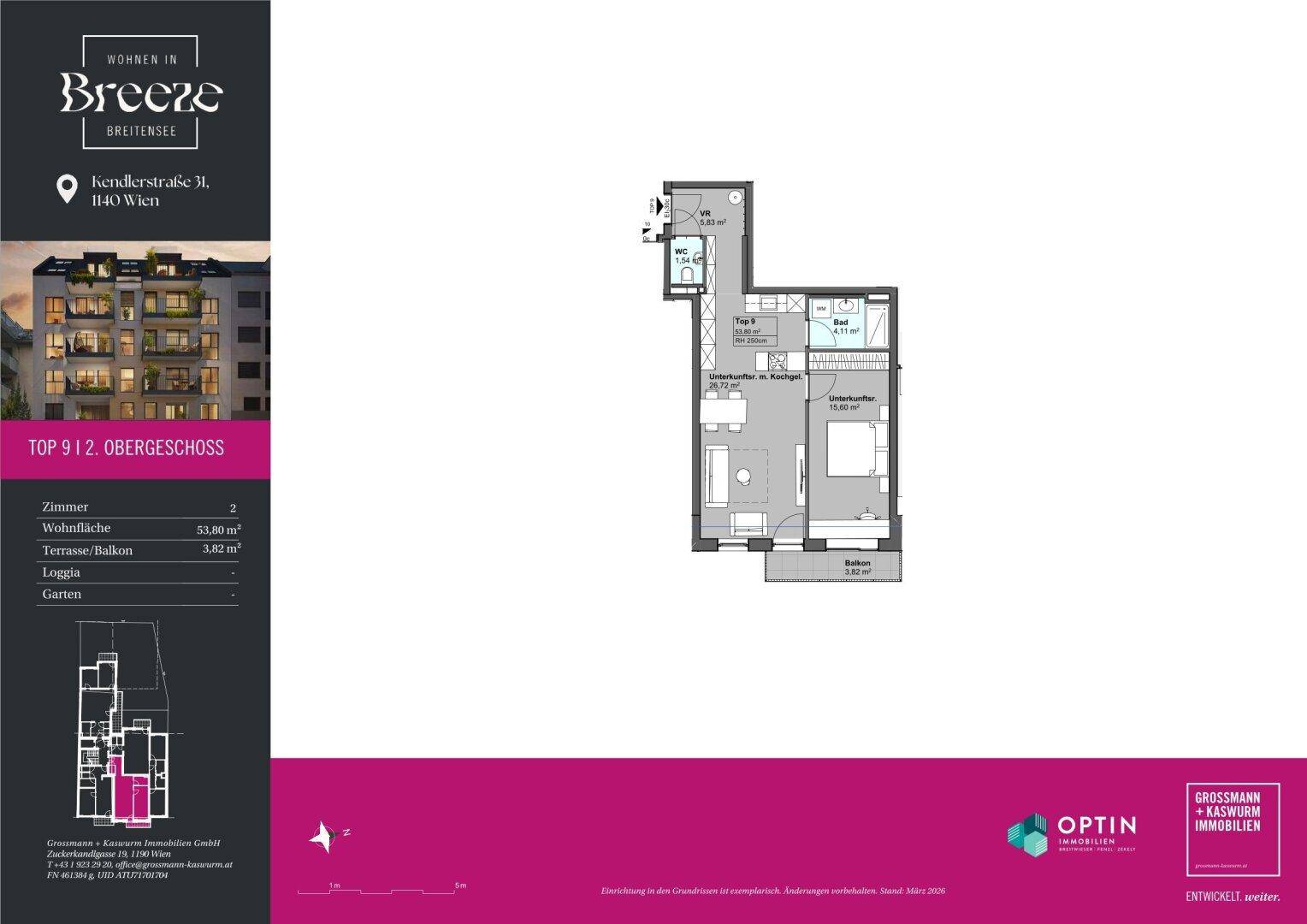 Grundriss einer Wohnung im Obergeschoss mit zwei Zimmern und Balkon.