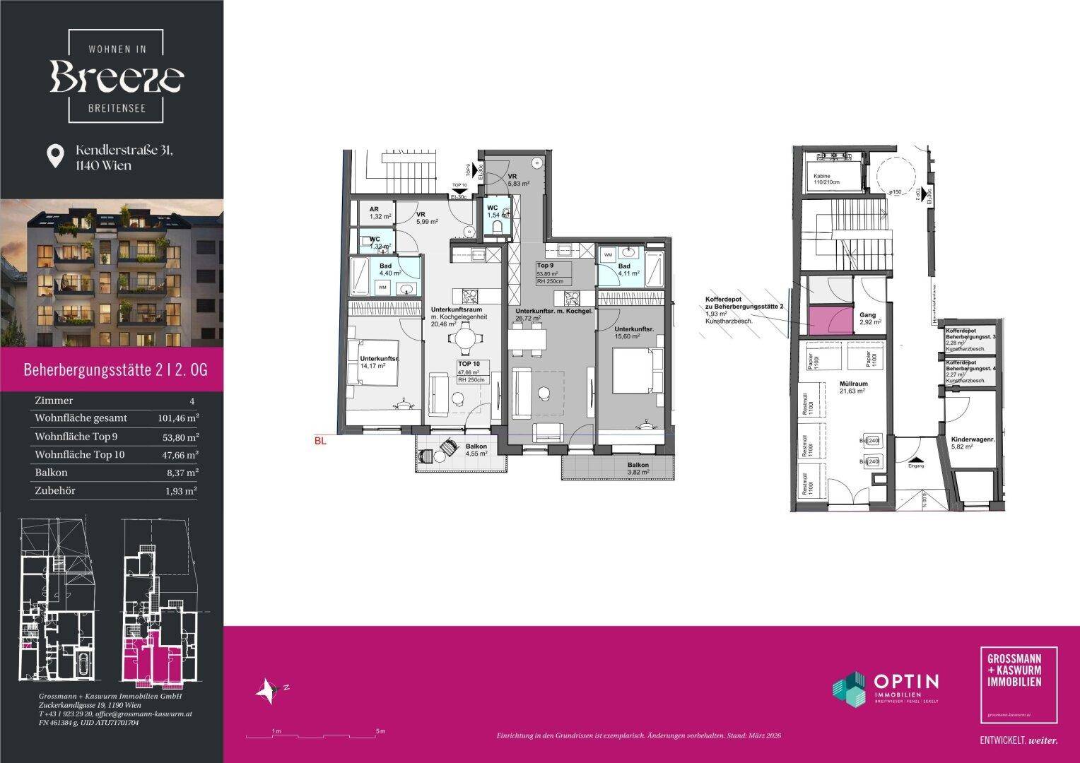 Grundriss einer Wohnung im Obergeschoss mit vier Zimmern, zwei Bädern und Balkon.