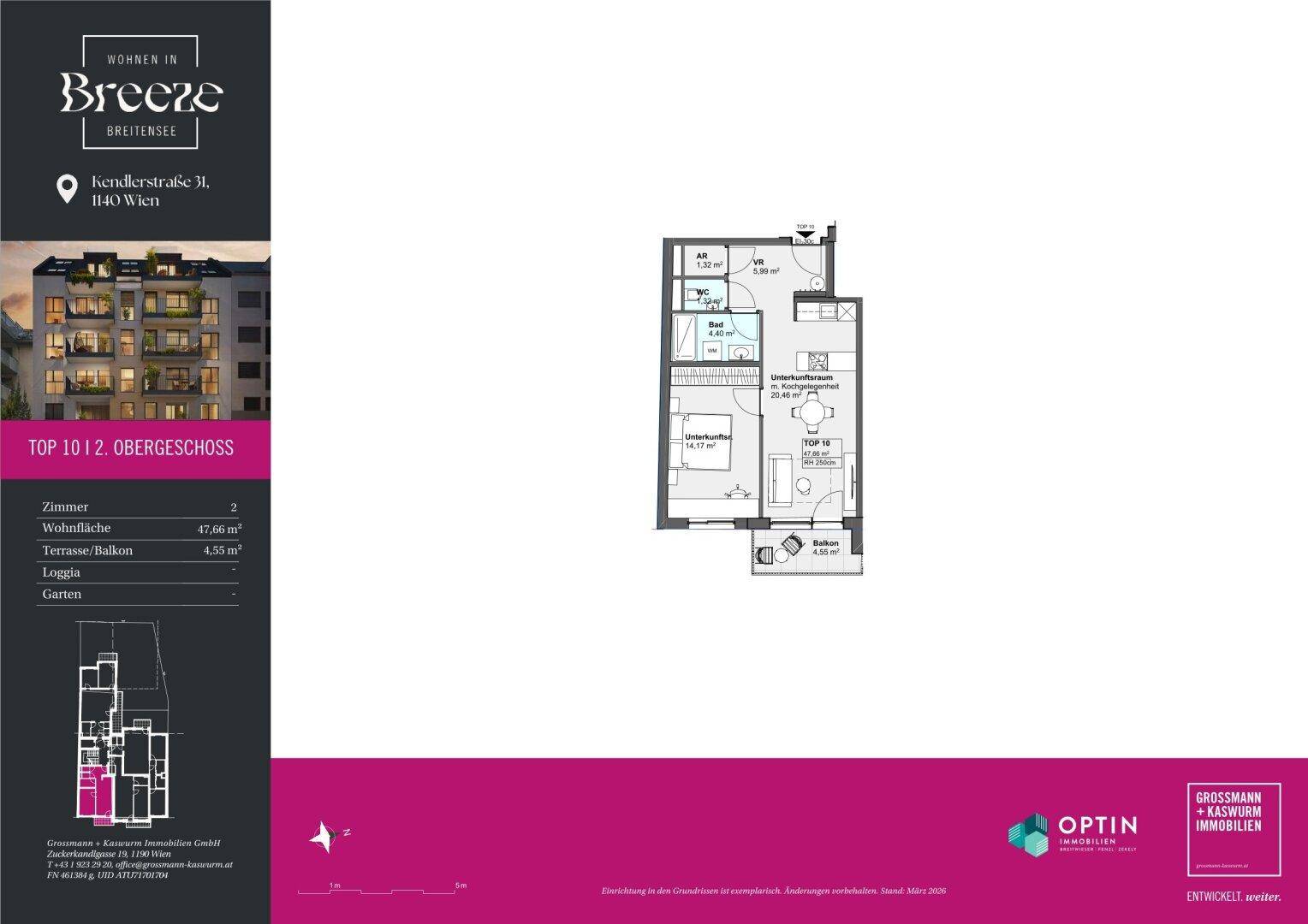 Grundriss einer kleineren Wohnung im Obergeschoss mit zwei Zimmern und Loggia.