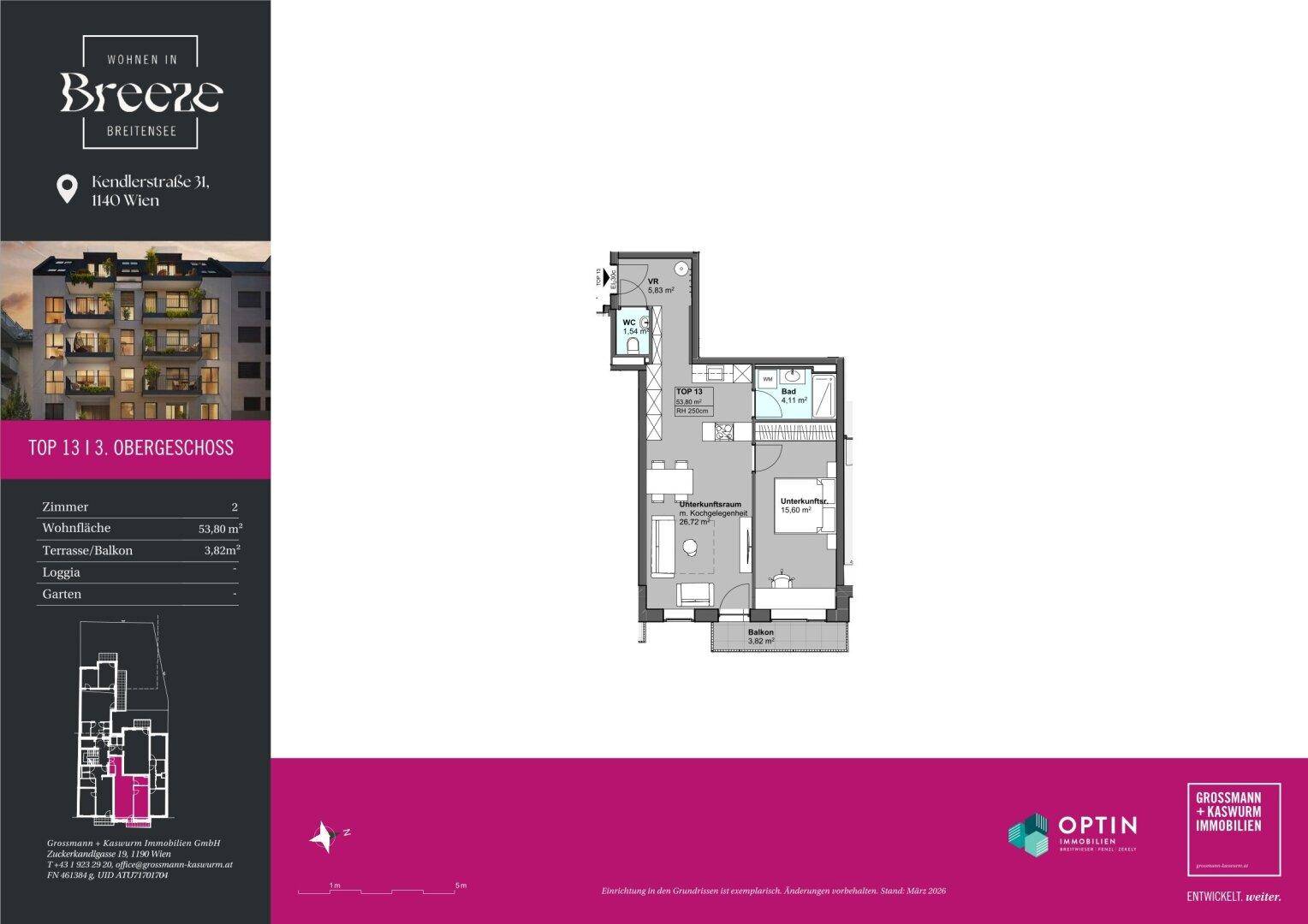 Grundriss für TOP 13 im 3. Obergeschoss mit zwei Zimmern, Balkon und Loggia.