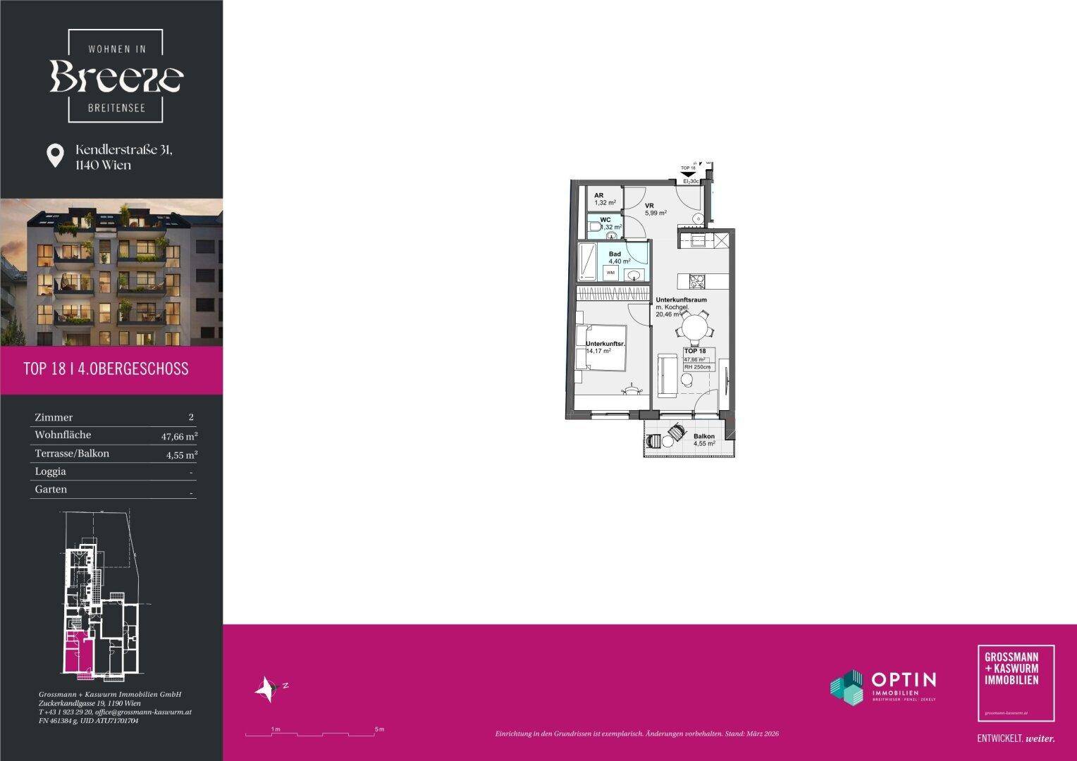 Grundriss einer kleineren Wohneinheit mit einem Schlafzimmer und Balkon.