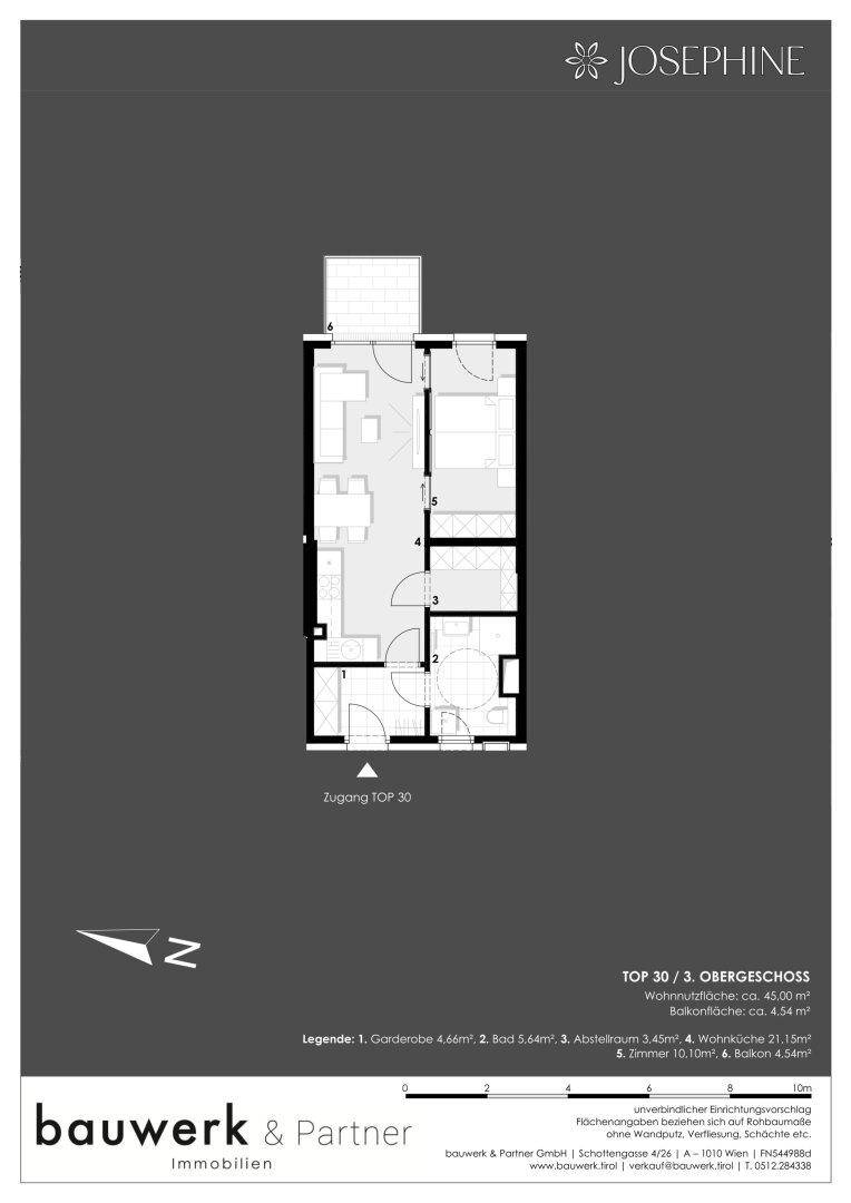 Grundriss einer Wohnung im Obergeschoss mit Wohnküche, Schlafzimmer und Balkon.
