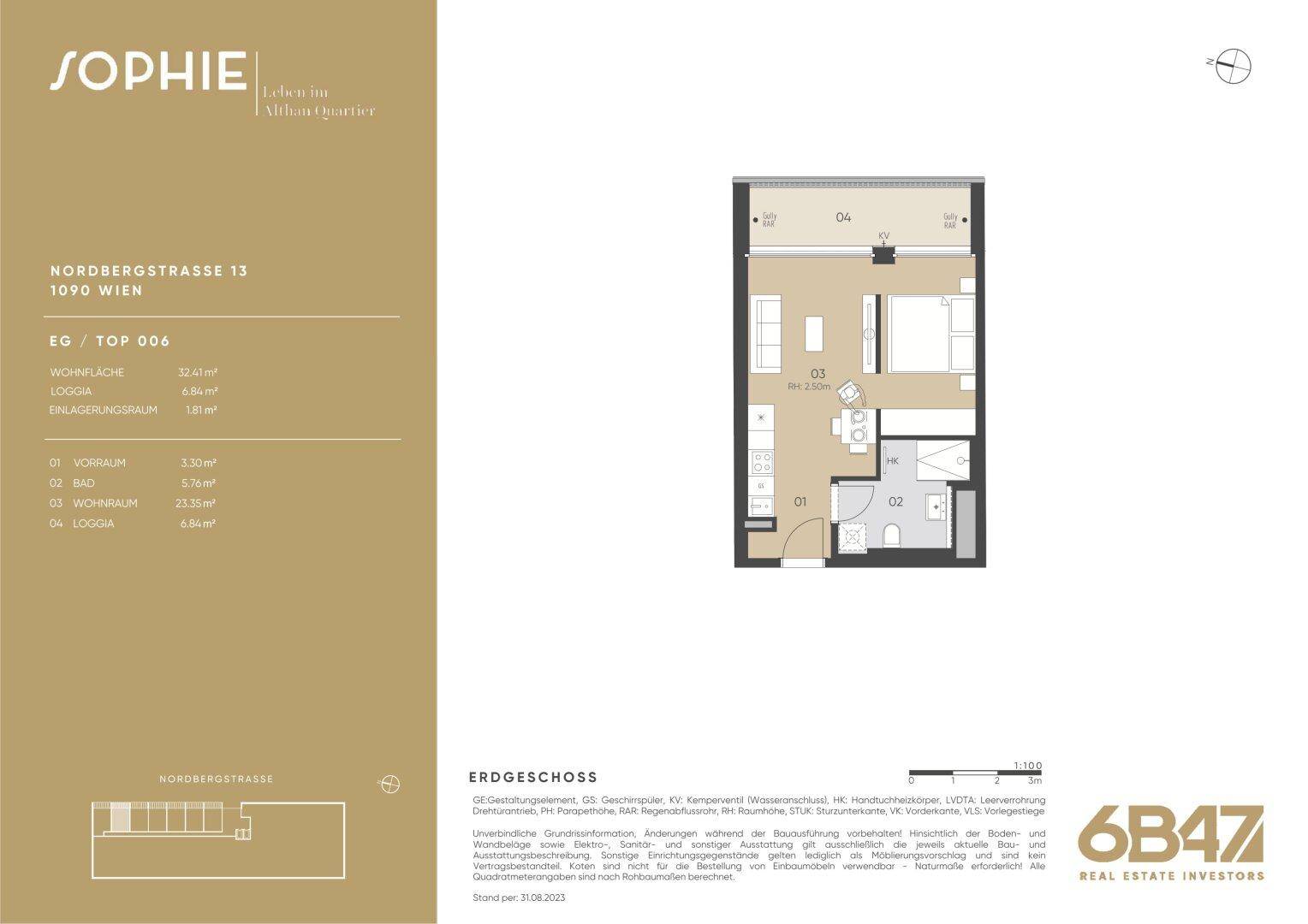 Grundriss der Wohnung mit Raumaufteilung und Flächenangaben in Wien.