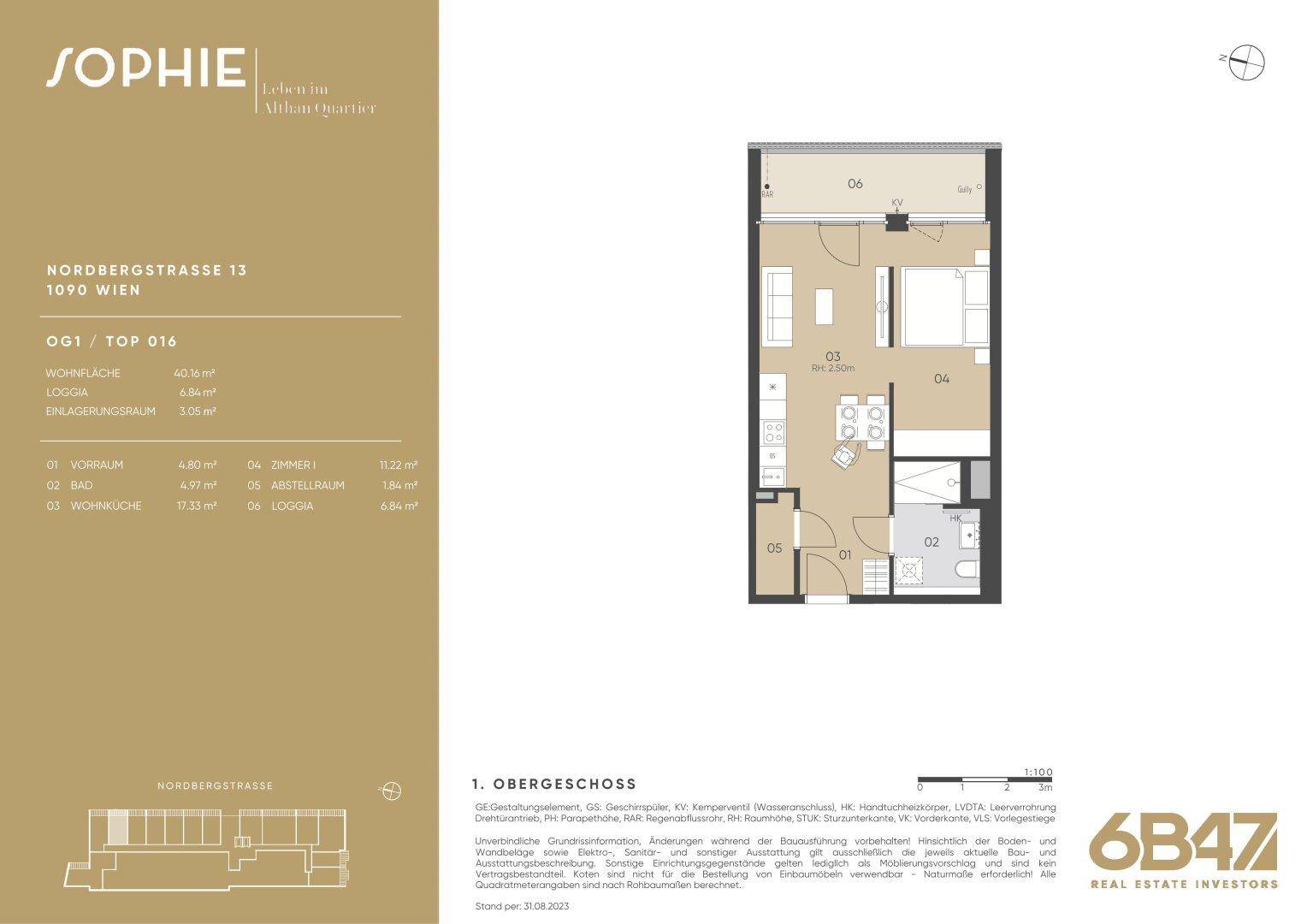 Detaillierter Grundriss der Wohnung im Obergeschoss mit Loggia und Abstellraum.