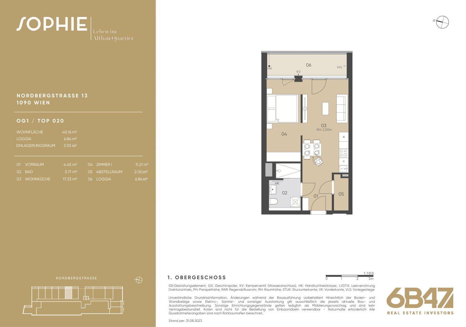 Grundriss der Wohnung im Obergeschoss mit Loggia und klar definierter Raumaufteilung.