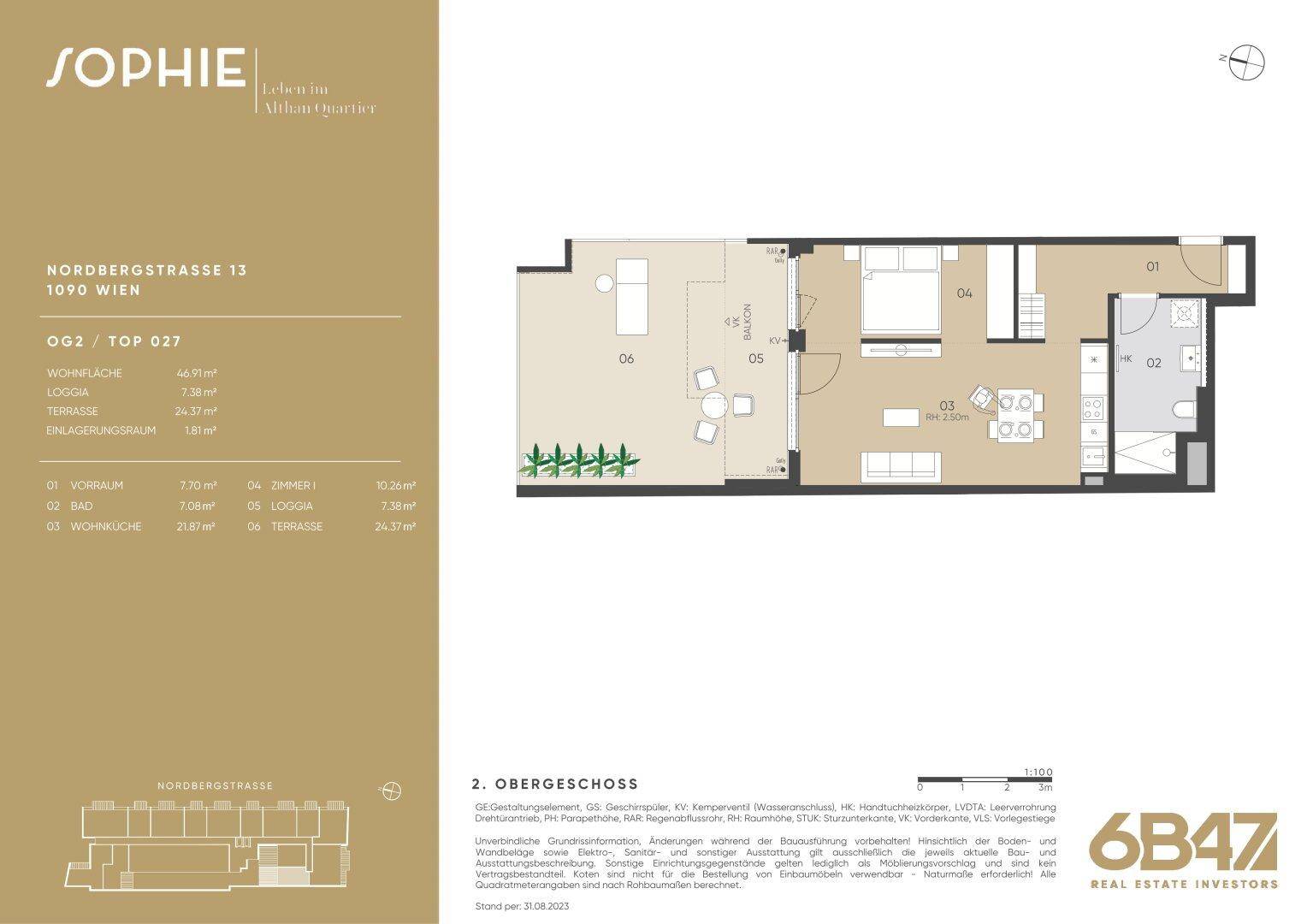 Grundriss einer Wohnung mit Loggia und Terrasse, zeigt die Raumaufteilung.