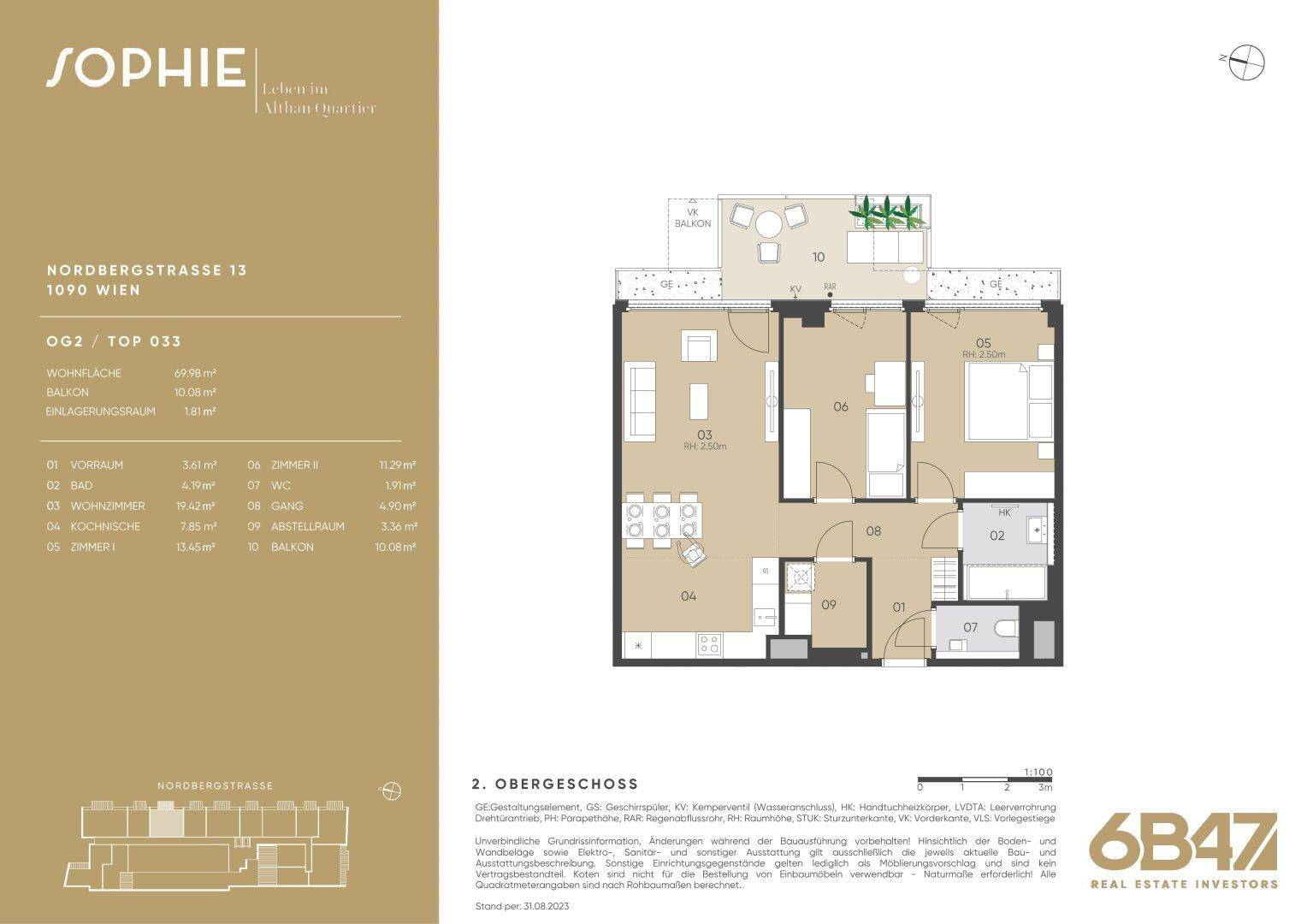 Detaillierter Grundriss der Wohnung mit Raumaufteilung und Balkon, inklusive Flächenangaben.