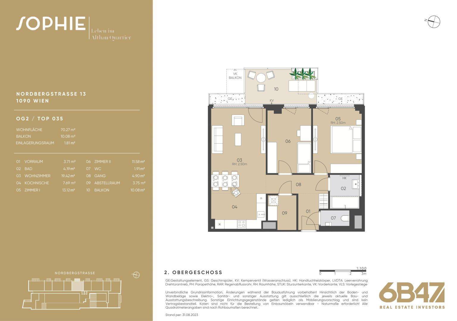 Grundriss der Wohnung im Obergeschoss mit Balkon und drei Zimmern.