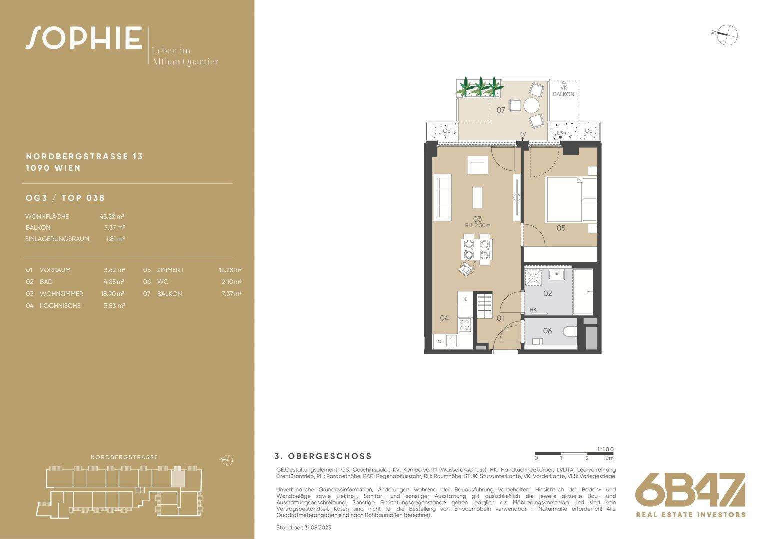 Grundriss der Wohnung im Obergeschoss mit Balkon und klarer Raumaufteilung.