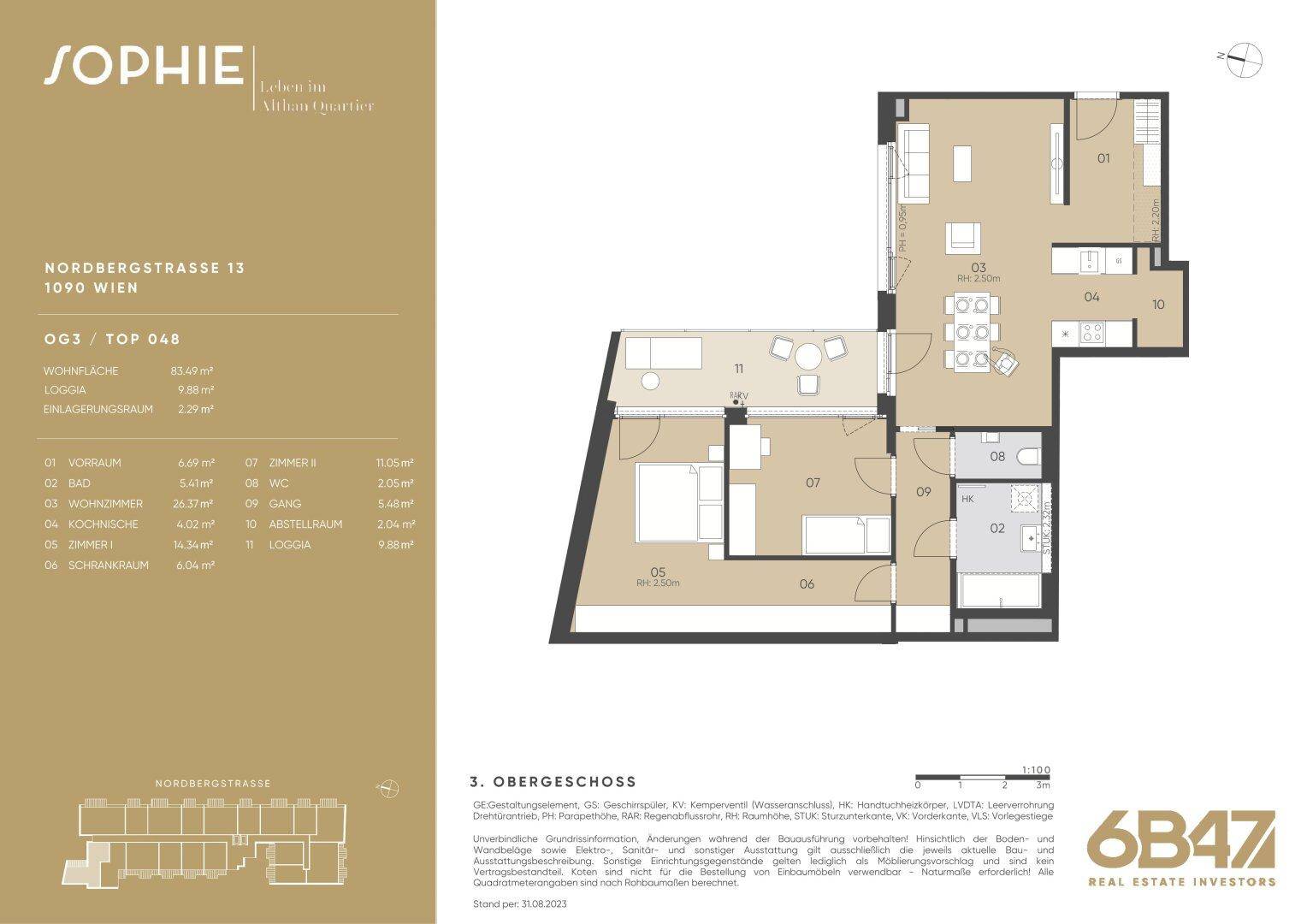 Detaillierter Grundriss einer Wohnung im dritten Obergeschoss mit Loggia und mehreren Zimmern.