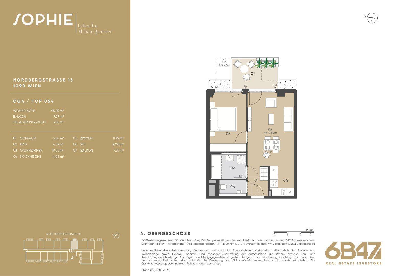 Detaillierter Grundriss einer Wohnung im 4. Obergeschoss mit Balkon und offener Wohnküche.