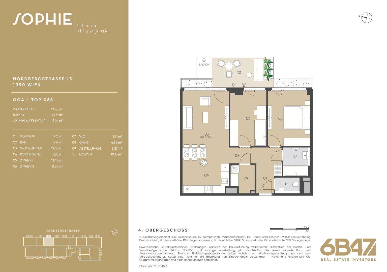 Detaillierter Grundriss einer Wohnung im 4. Obergeschoss mit Balkon und drei Zimmern.
