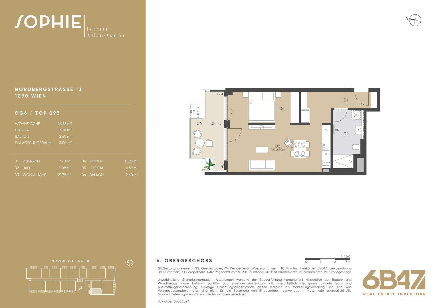 Detaillierter Grundriss einer Wohnung mit Wohnküche, Schlafzimmer und Balkon.