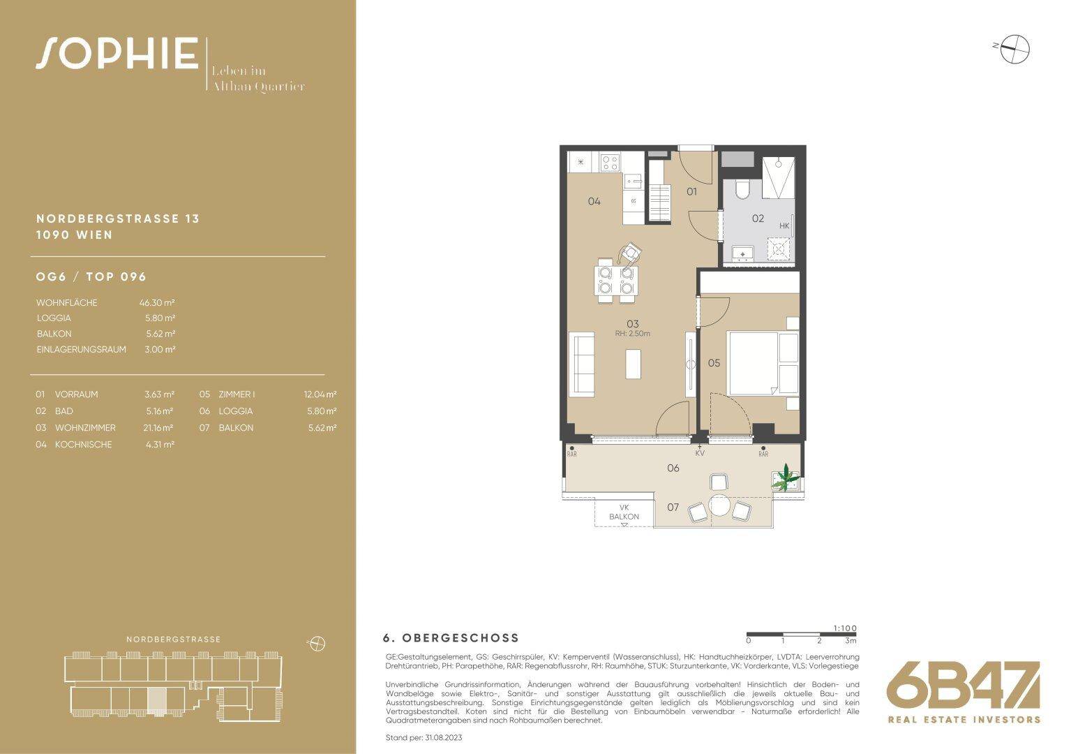 Grundriss einer Wohnung im Obergeschoss mit einem Schlafzimmer, offenem Wohnbereich und Balkon.