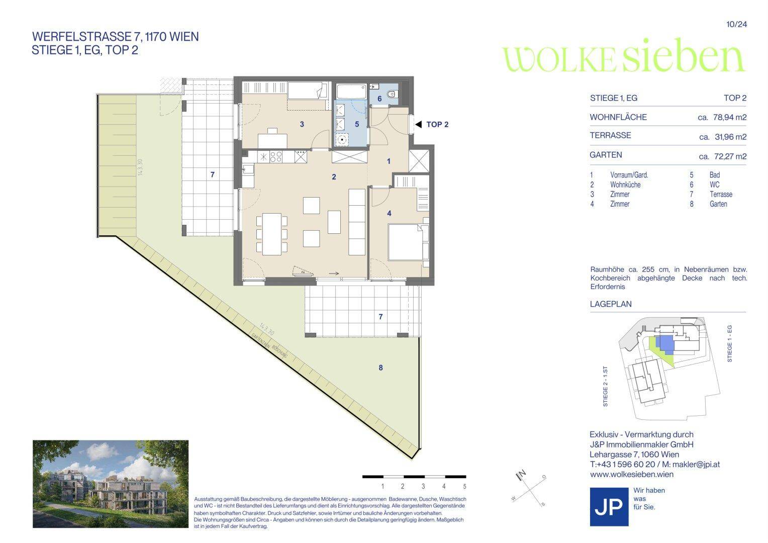Grundriss einer Wohnung mit Terrasse und Garten, inklusive Raumaufteilung und Flächenangaben.