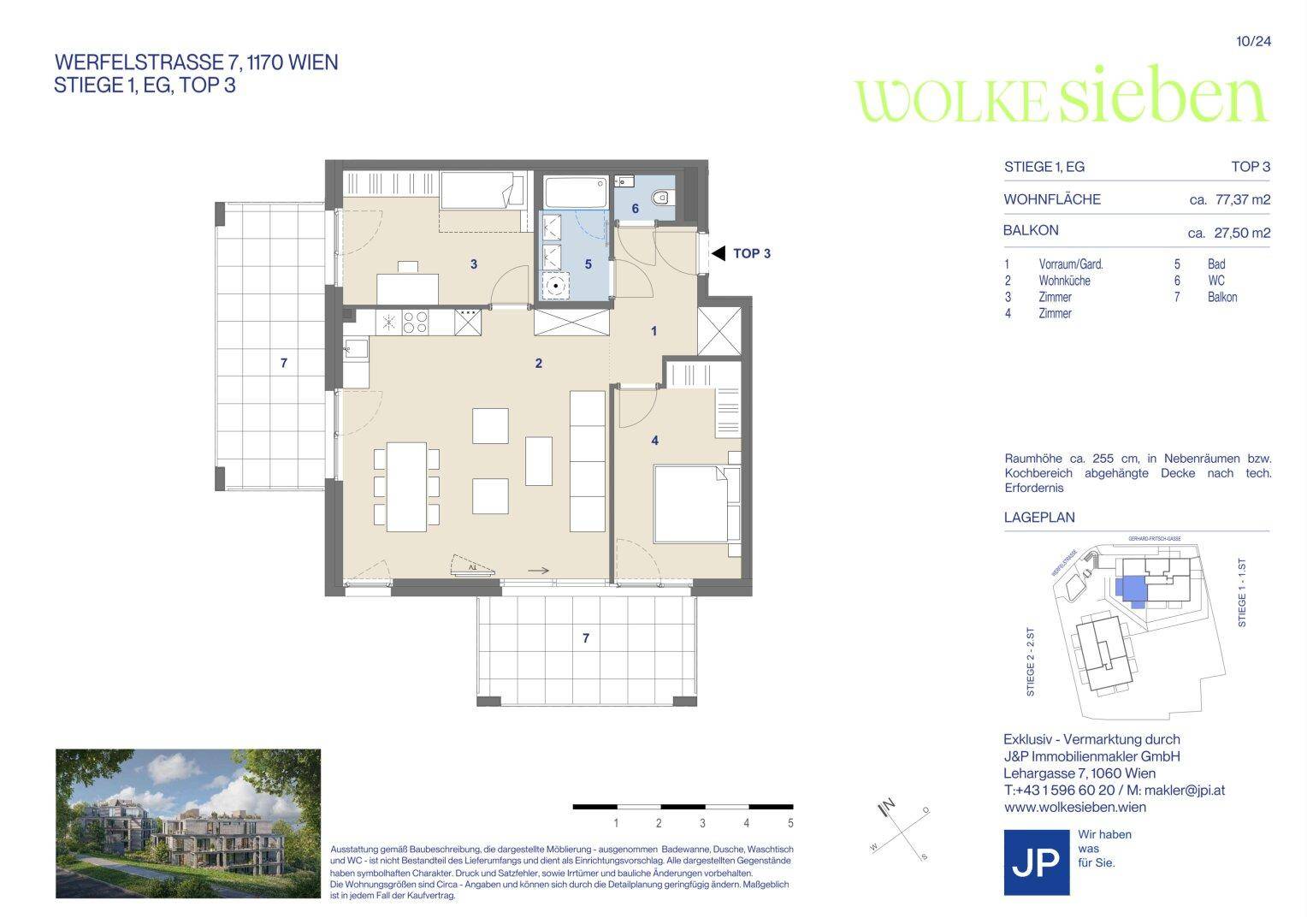 Grundriss der Wohnung TOP 3 mit 77,37 m² Wohnfläche und zwei Balkonen.