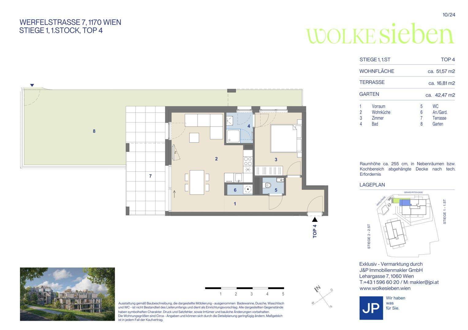 Grundriss einer Wohnung mit Terrasse und Garten auf 51,57 m² Wohnfläche und zwei Zimmern.