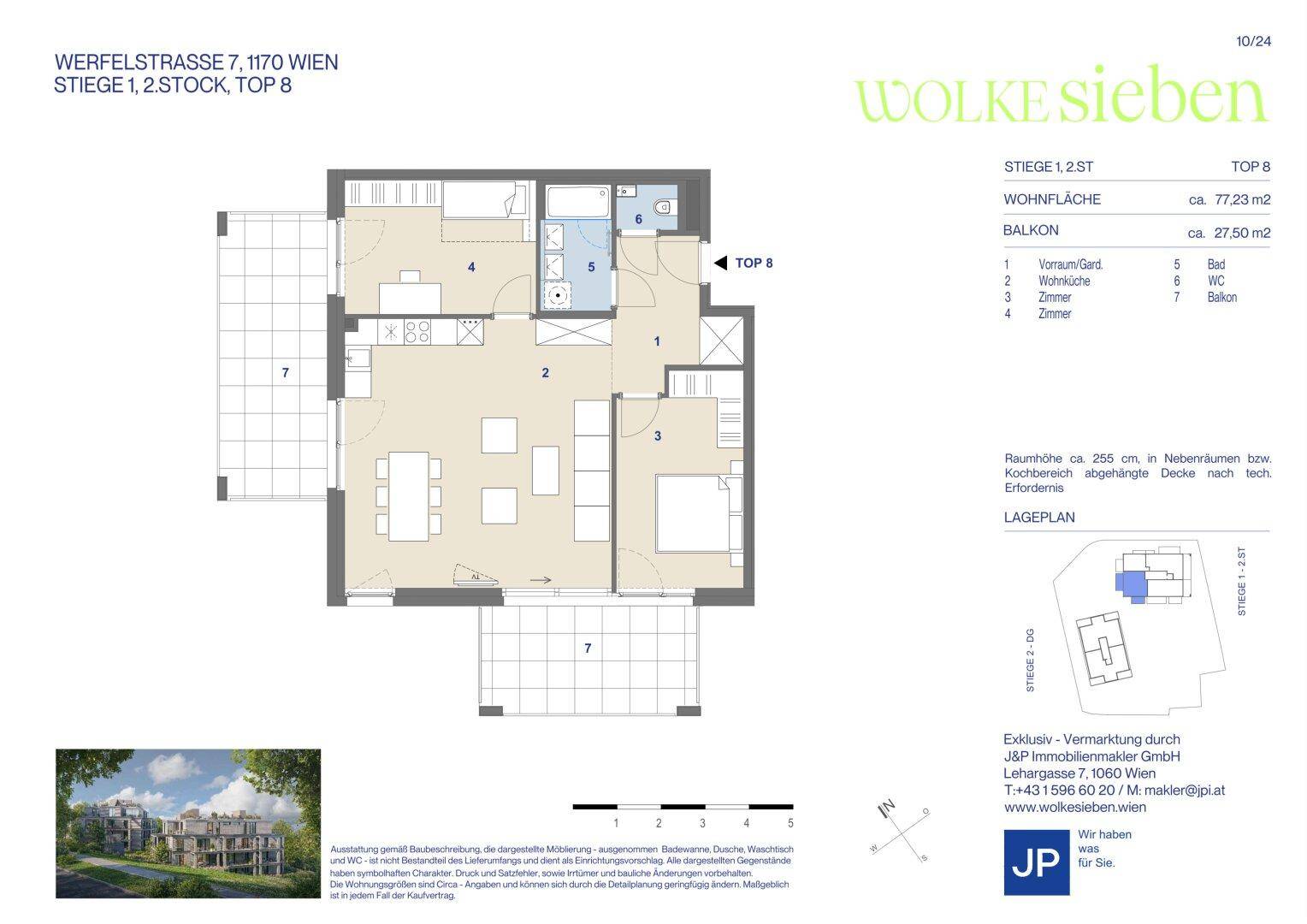 Grundriss einer Wohnung mit 77,23 m² Wohnfläche, Balkon und separatem WC.