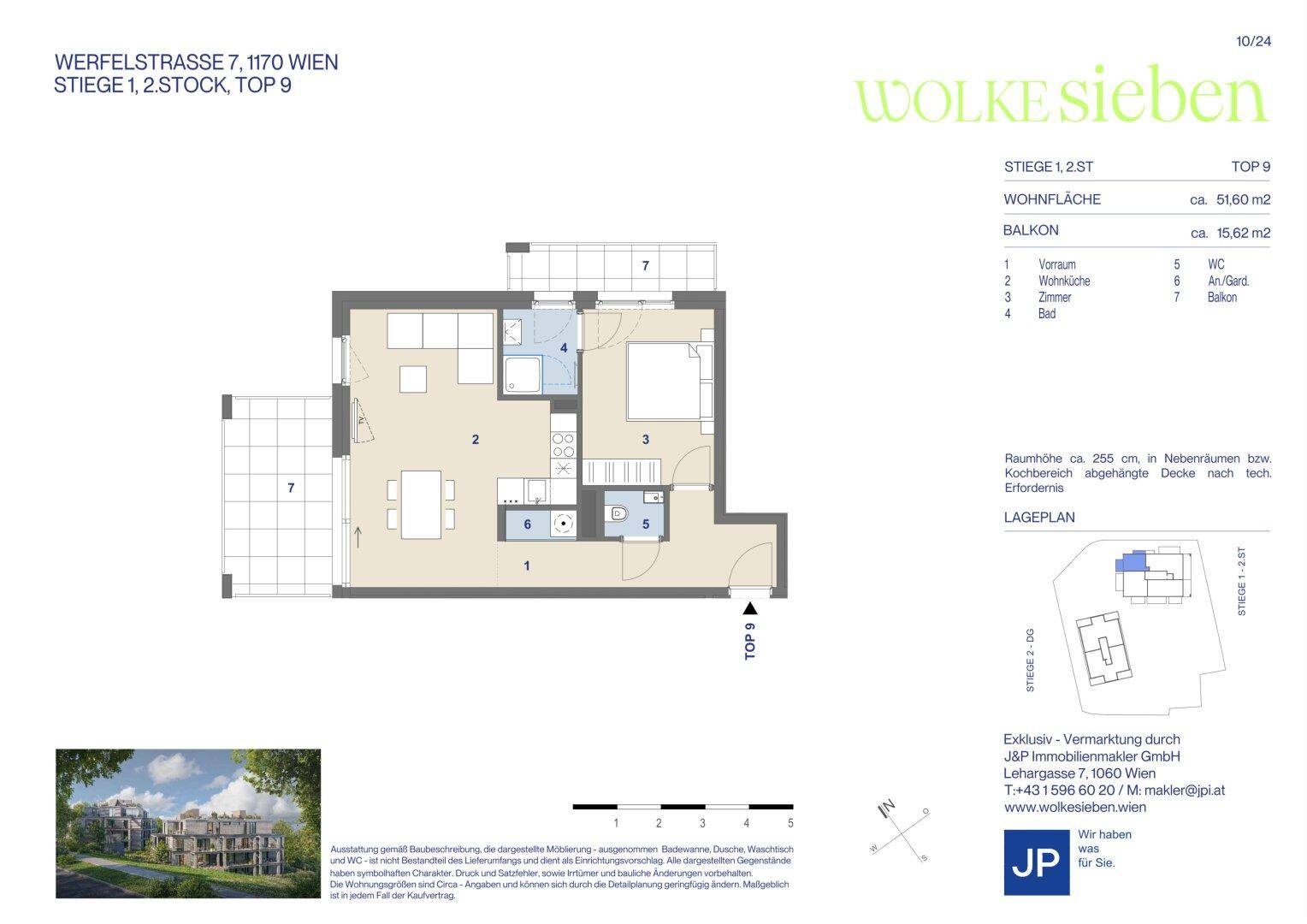 Grundriss einer Wohnung mit Balkon, Schlafzimmer und offenem Wohnbereich.