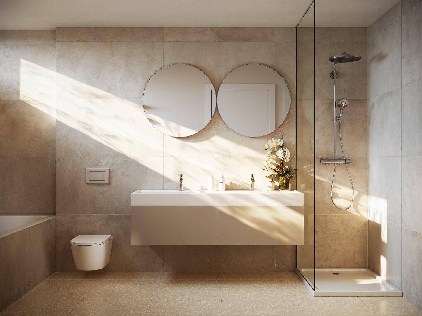 Modernes Badezimmer mit großformatigen Fliesen, Doppelwaschbecken und einer geräumigen begehbaren Dusche.