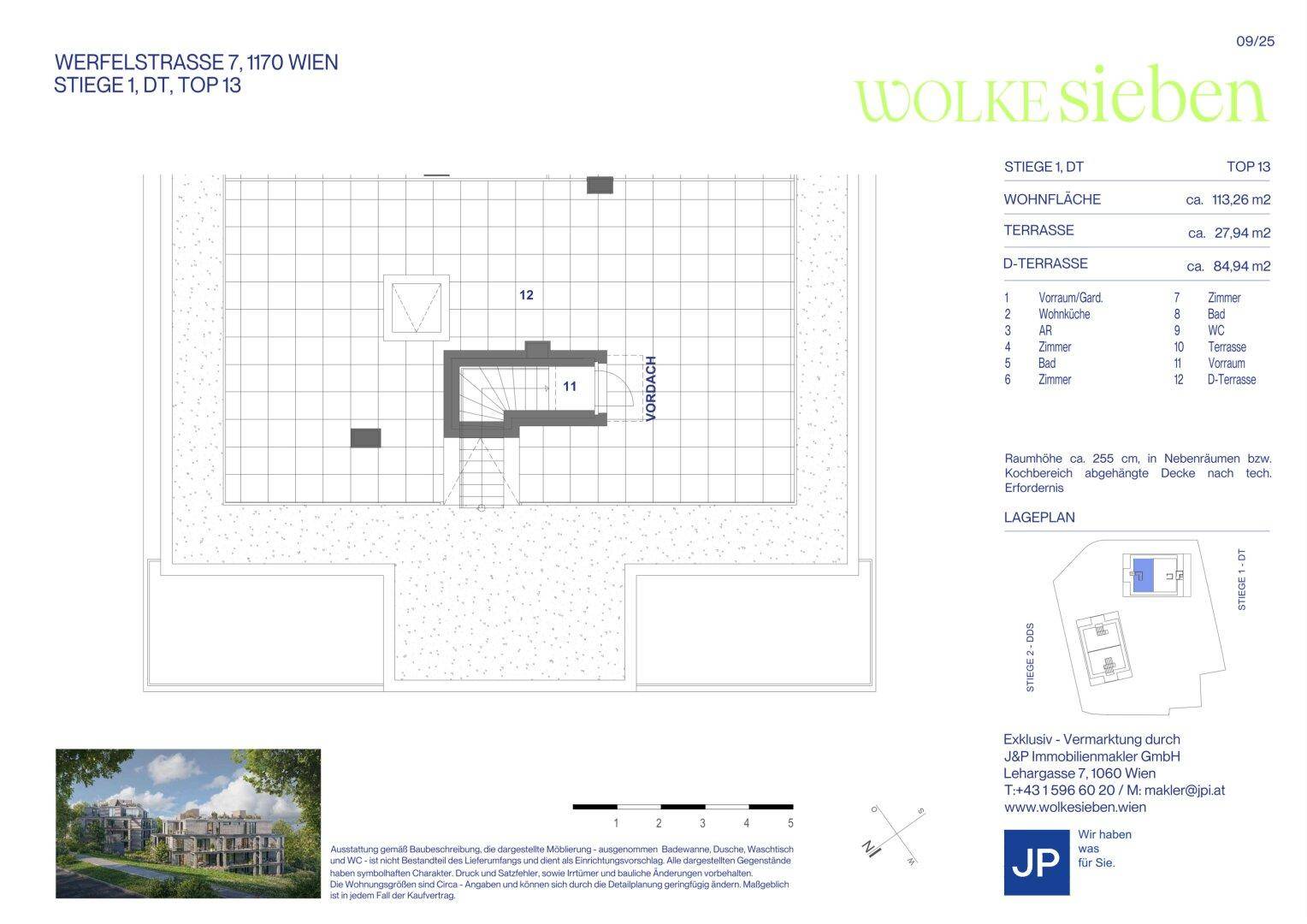 Grundriss der oberen Ebene mit großer Dachterrasse und Zugang über eine interne Treppe.