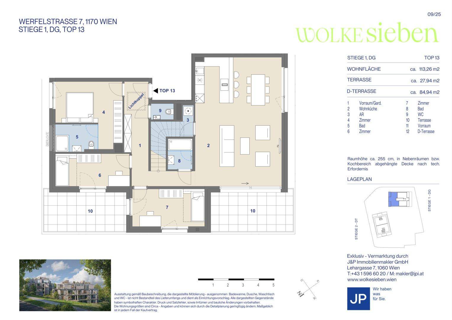 Grundriss einer Wohnung mit Wohnbereich, Schlafzimmern und einer großen Terrasse.