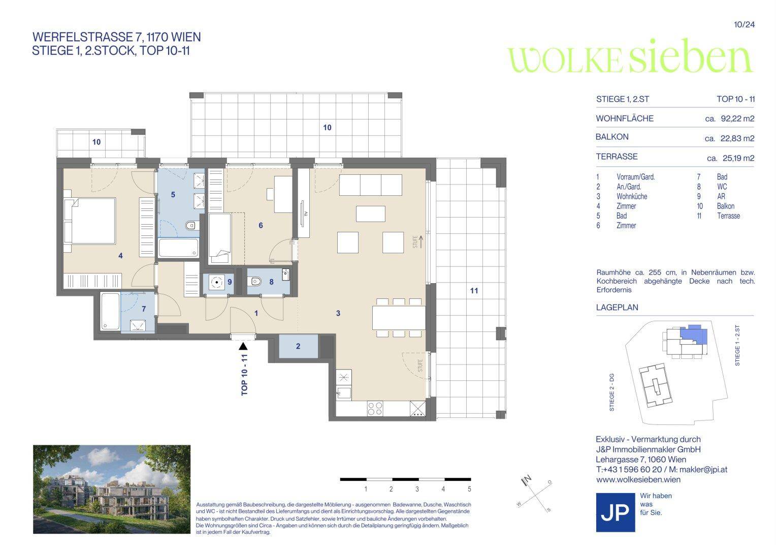 Detaillierter Grundriss einer Wohnung mit drei Schlafzimmern, Balkon und Terrasse.