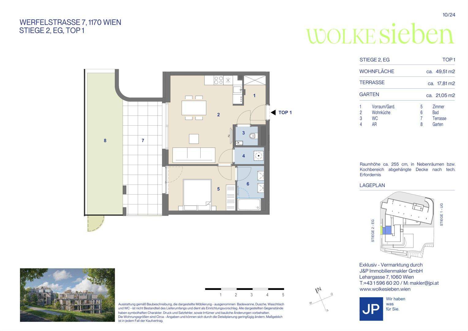 Grundriss einer Wohnung im Erdgeschoss mit Wohnküche, Schlafzimmer, Bad, WC, Terrasse und Garten.