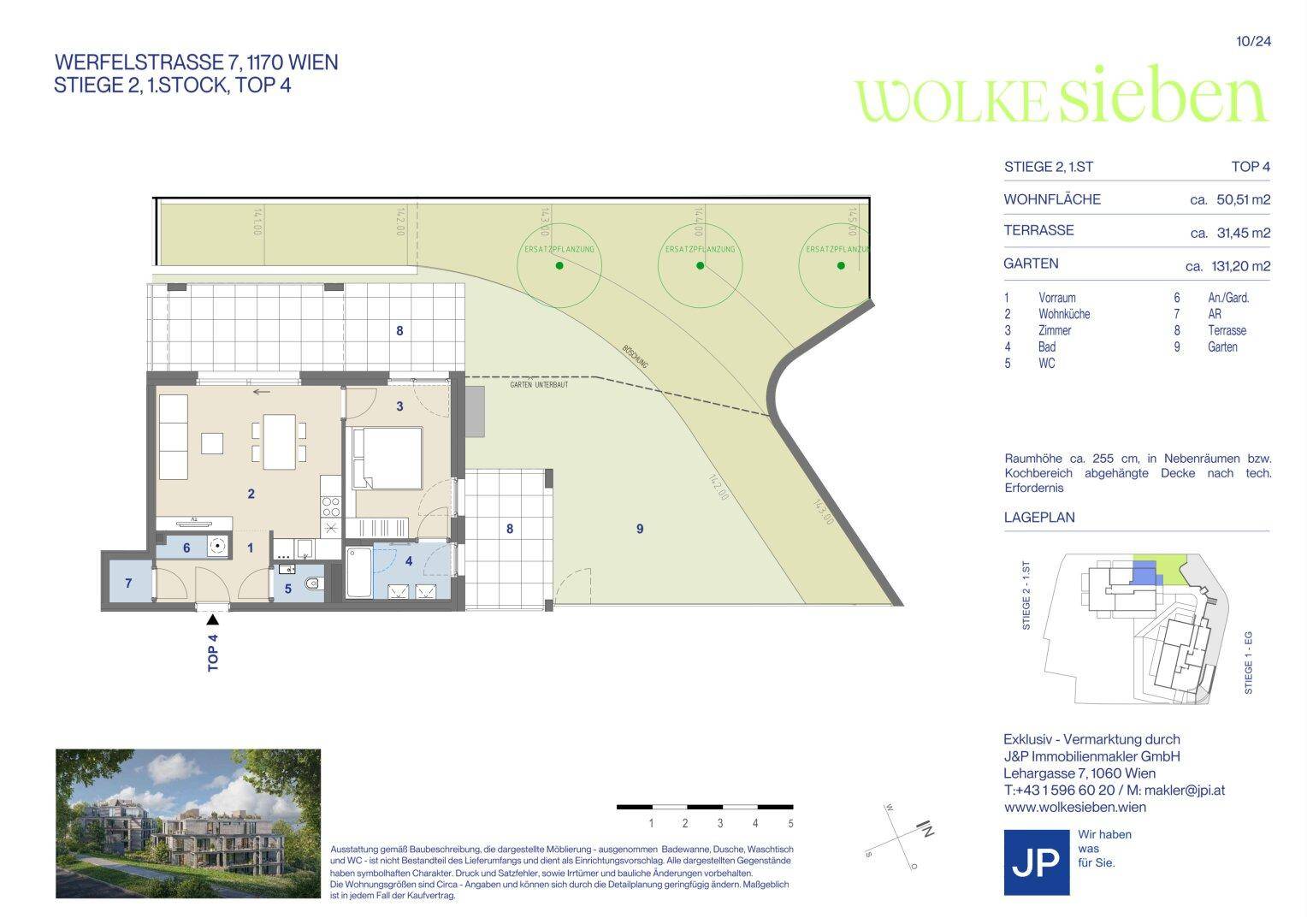 Grundriss einer Wohnung mit Garten, Terrasse und offenem Wohnbereich, inklusive kleiner Außenansicht.