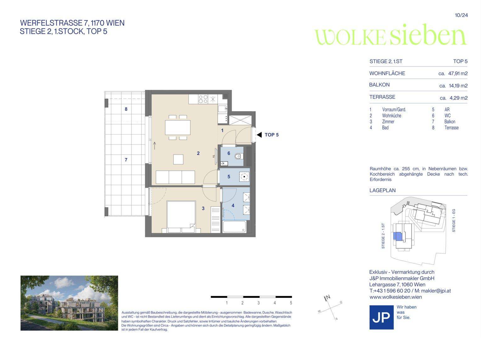Grundriss der Wohnung Top 5 mit Balkon und Terrasse, ca. 47,91 m² Wohnfläche.