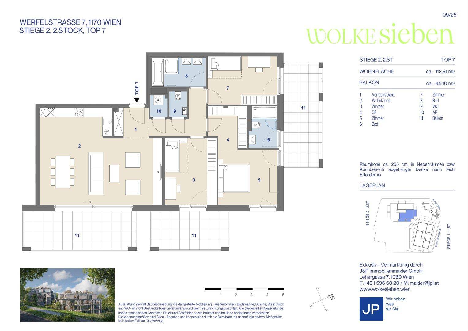 Detaillierter Grundriss einer Wohnung mit Wohnfläche von 112,91 m² und großem Balkon.